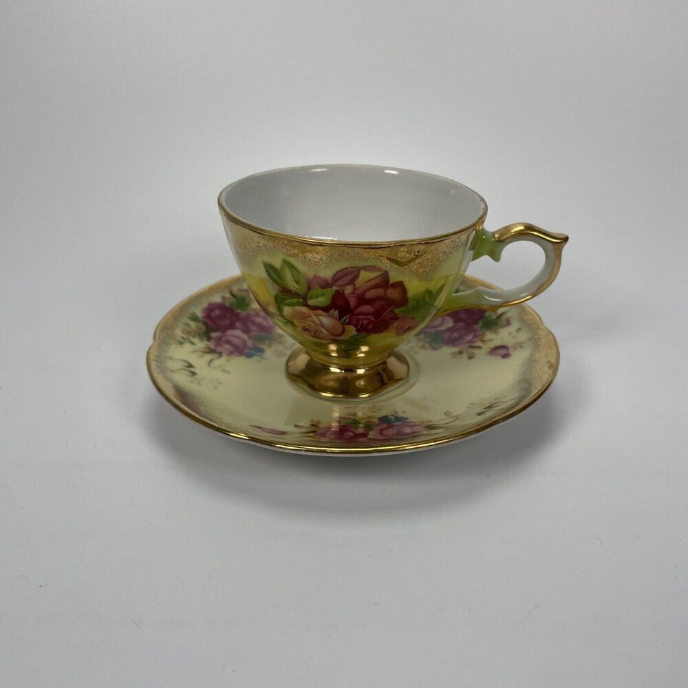 Antique Tea Cup and Saucer Takeichi China Made in Japan Pink Flower Gold Yellow